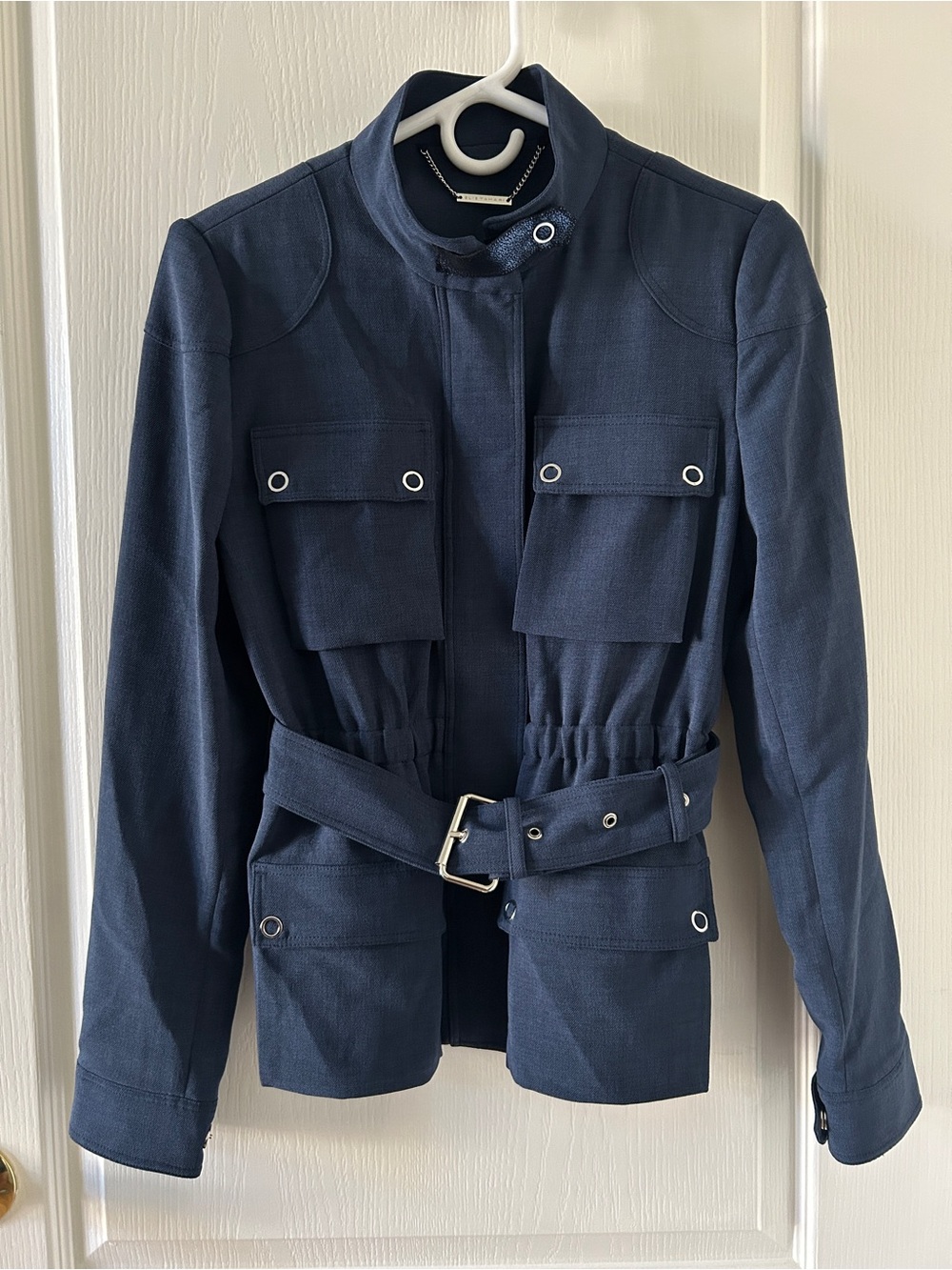 Elie Tahari Navy Blue Belted Utility Safari Belted Jacket Small Quiet Luxury